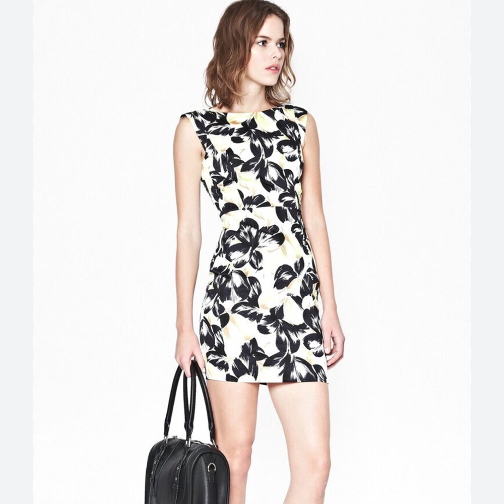 French Connection Lucky Leaves Floral Cotton Dress Black White Green 6
